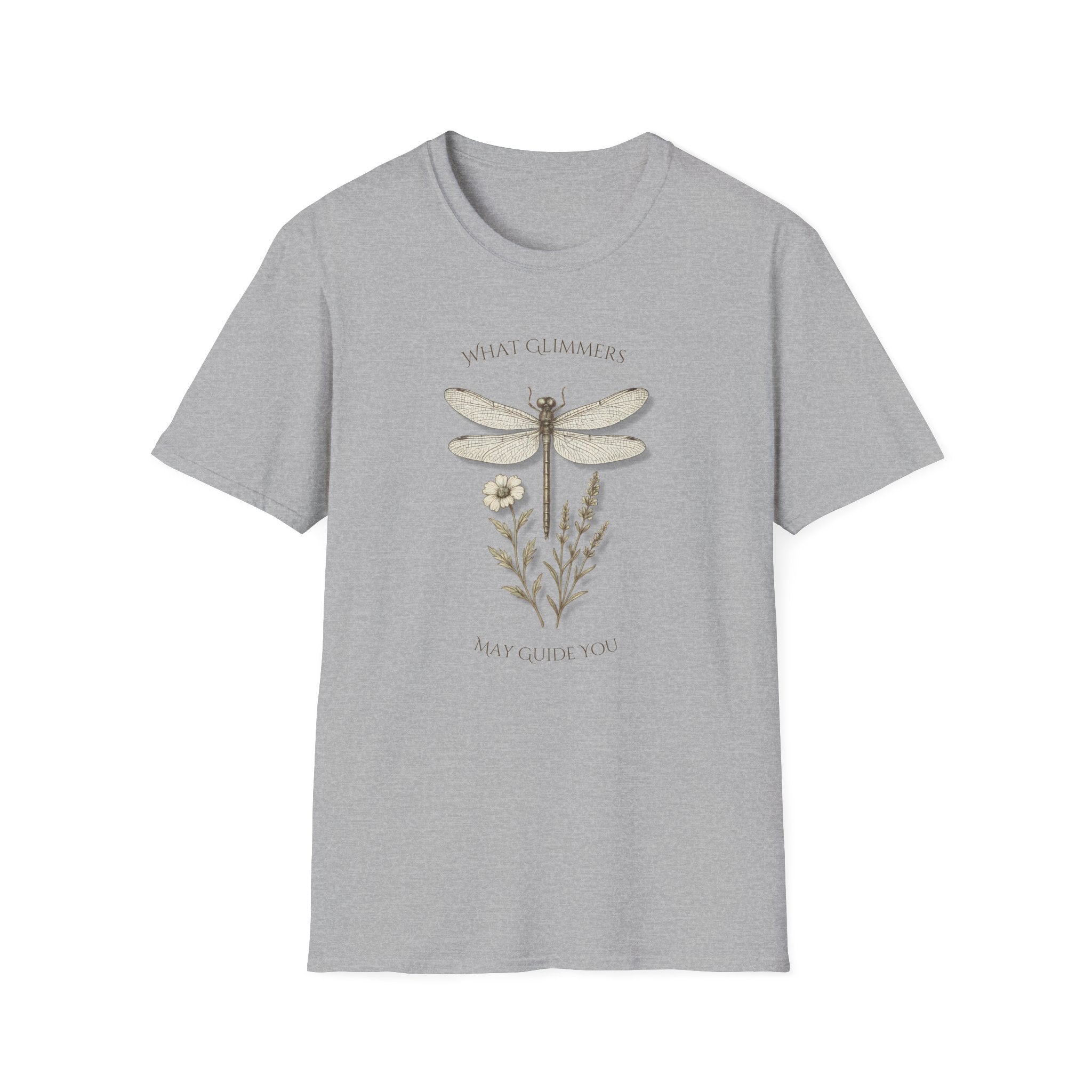 Gray t-shirt with dragonfly and floral design on a white background. "What Glimmers May Guide You" Dragonfly T-Shirt