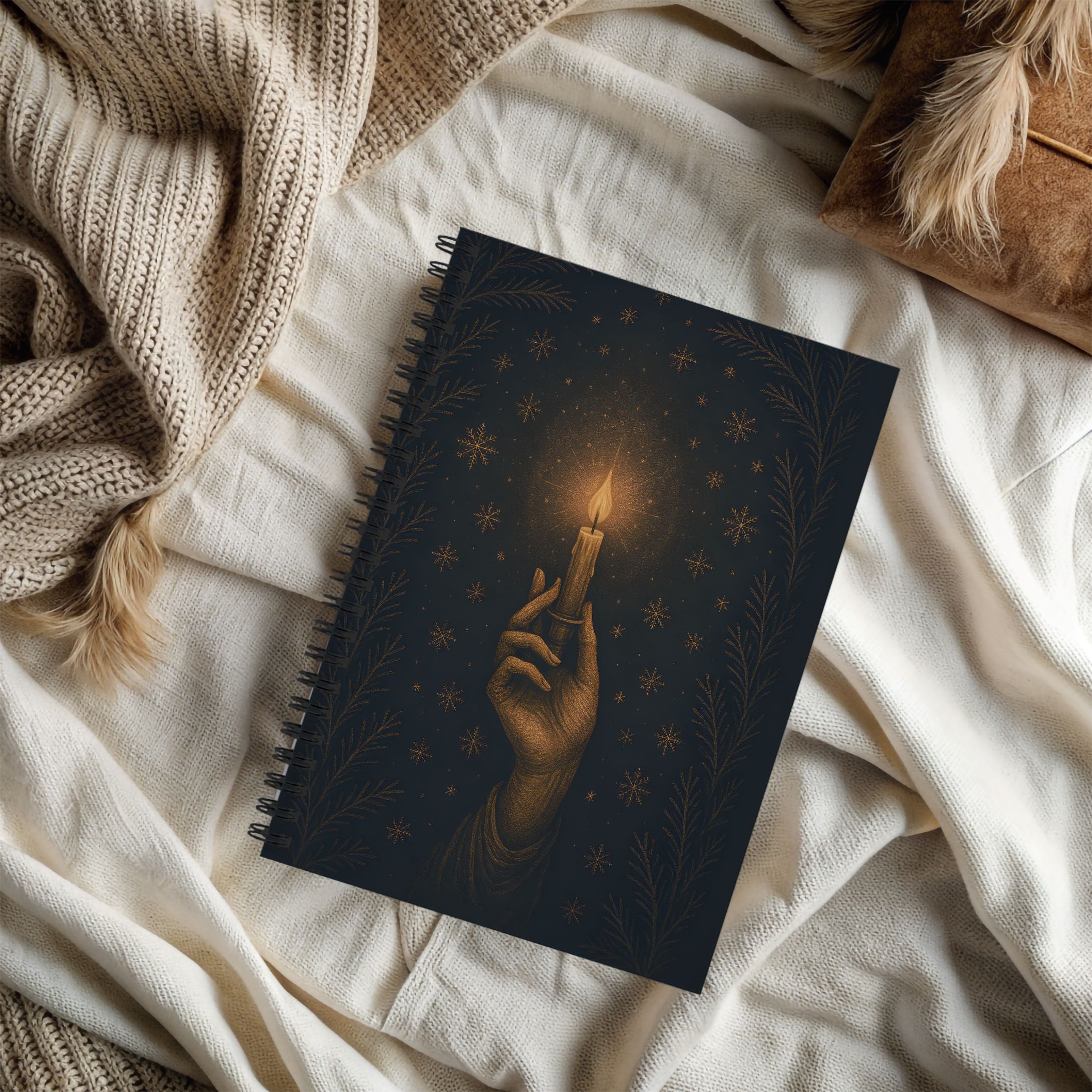 Notebook with a candlelit hand design on a soft fabric background