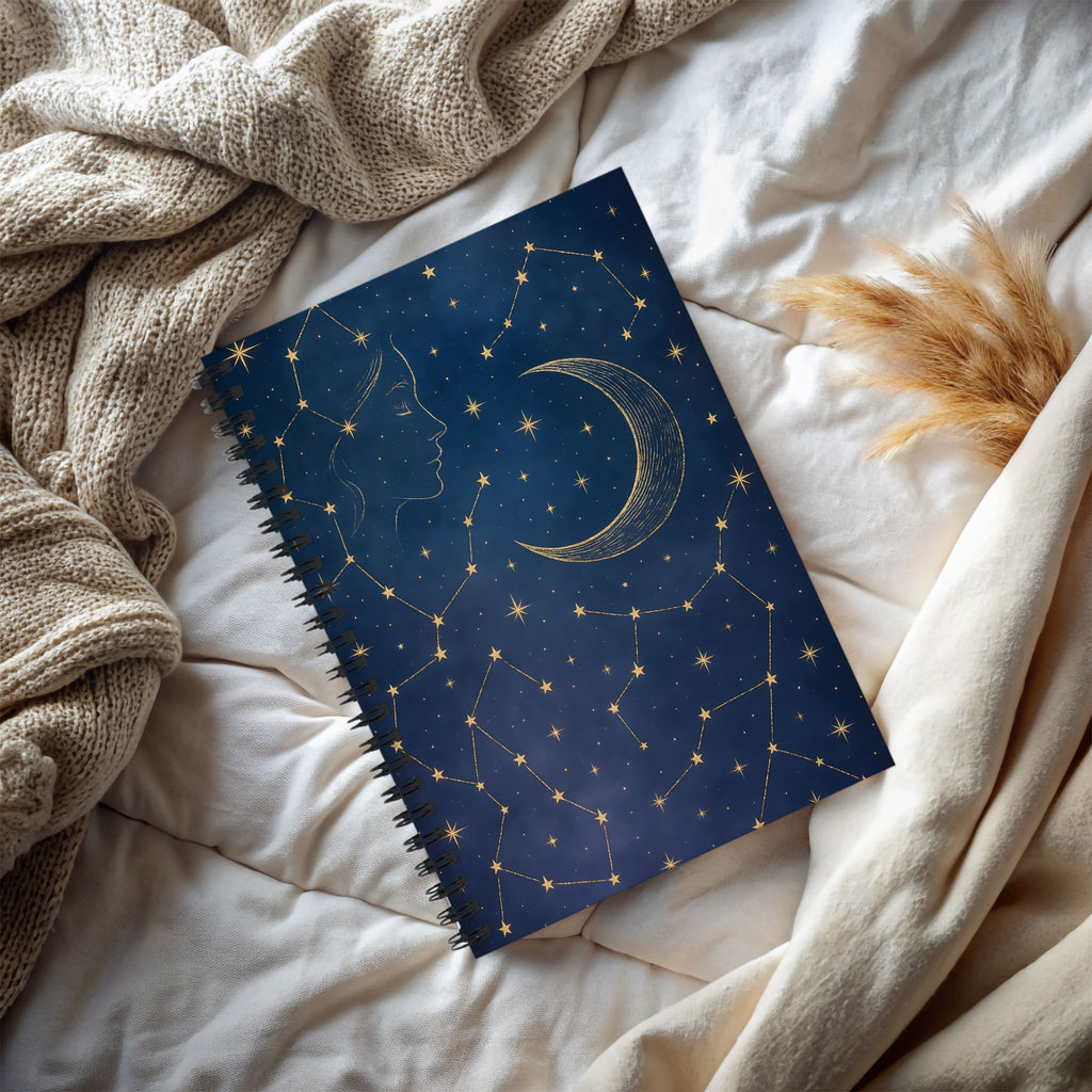 Notebook with celestial design on a soft surface
