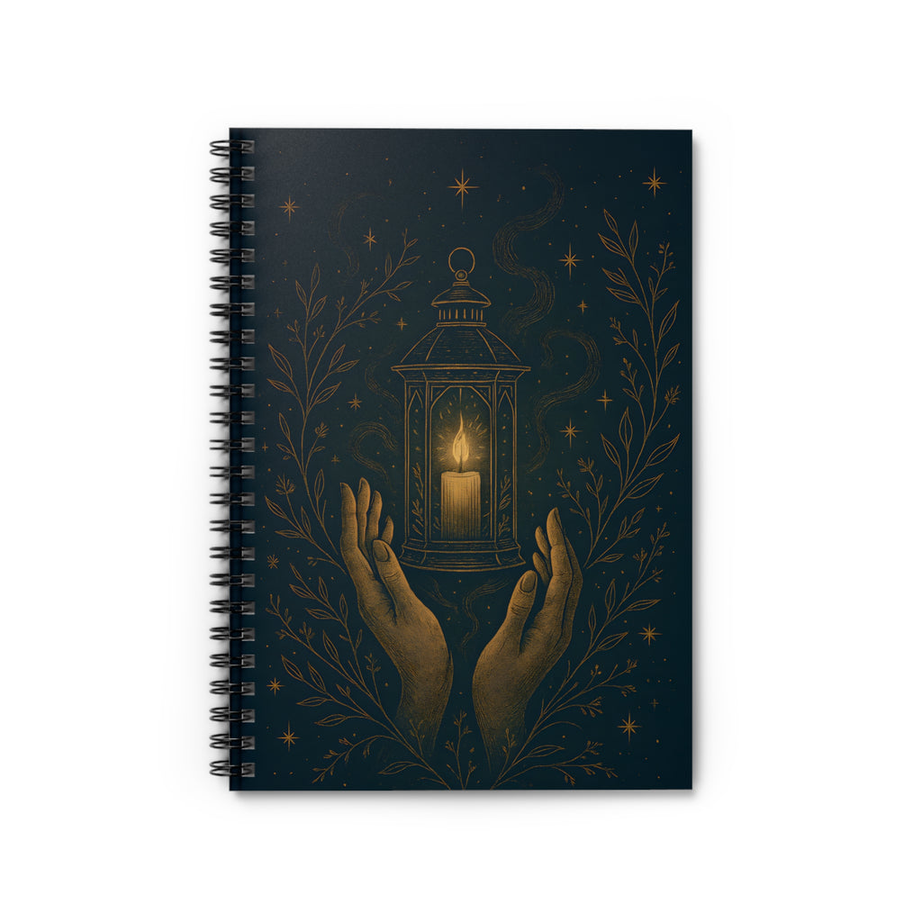 Notebook with a design of hands holding a lantern against a dark background