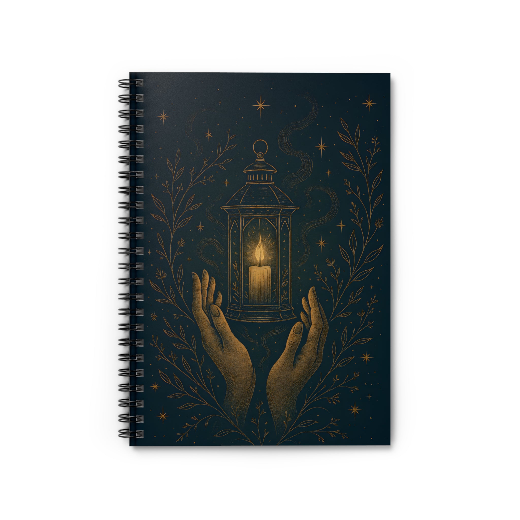 Notebook with a design of hands holding a lantern against a dark background