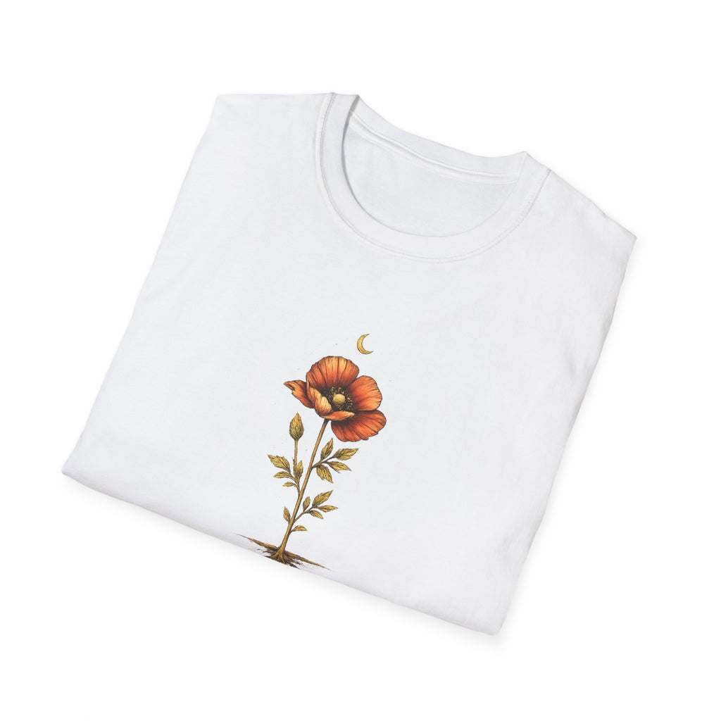 White t-shirt with a floral design on a white background