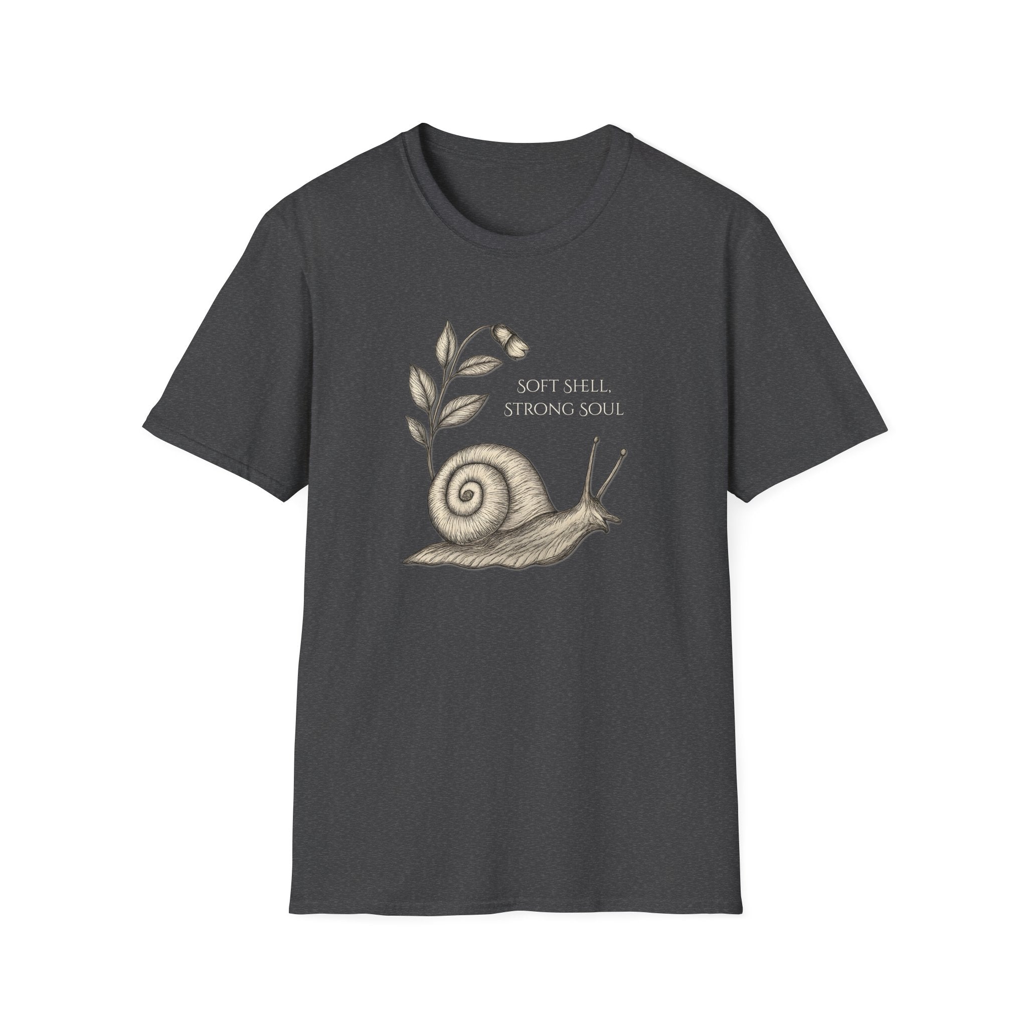 Dark gray t-shirt with a snail illustration and text on a white background. "Soft Shell Strong Soul" Snail T-Shirt