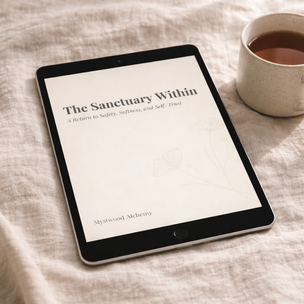 iPad displaying The Sanctuary Within digital guide on soft linen fabric with a ceramic cup of tea in warm natural light