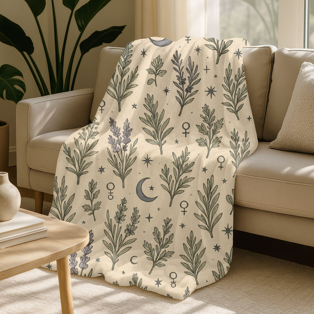 Beige blanket with nature-themed pattern draped over a beige sofa in a living room.