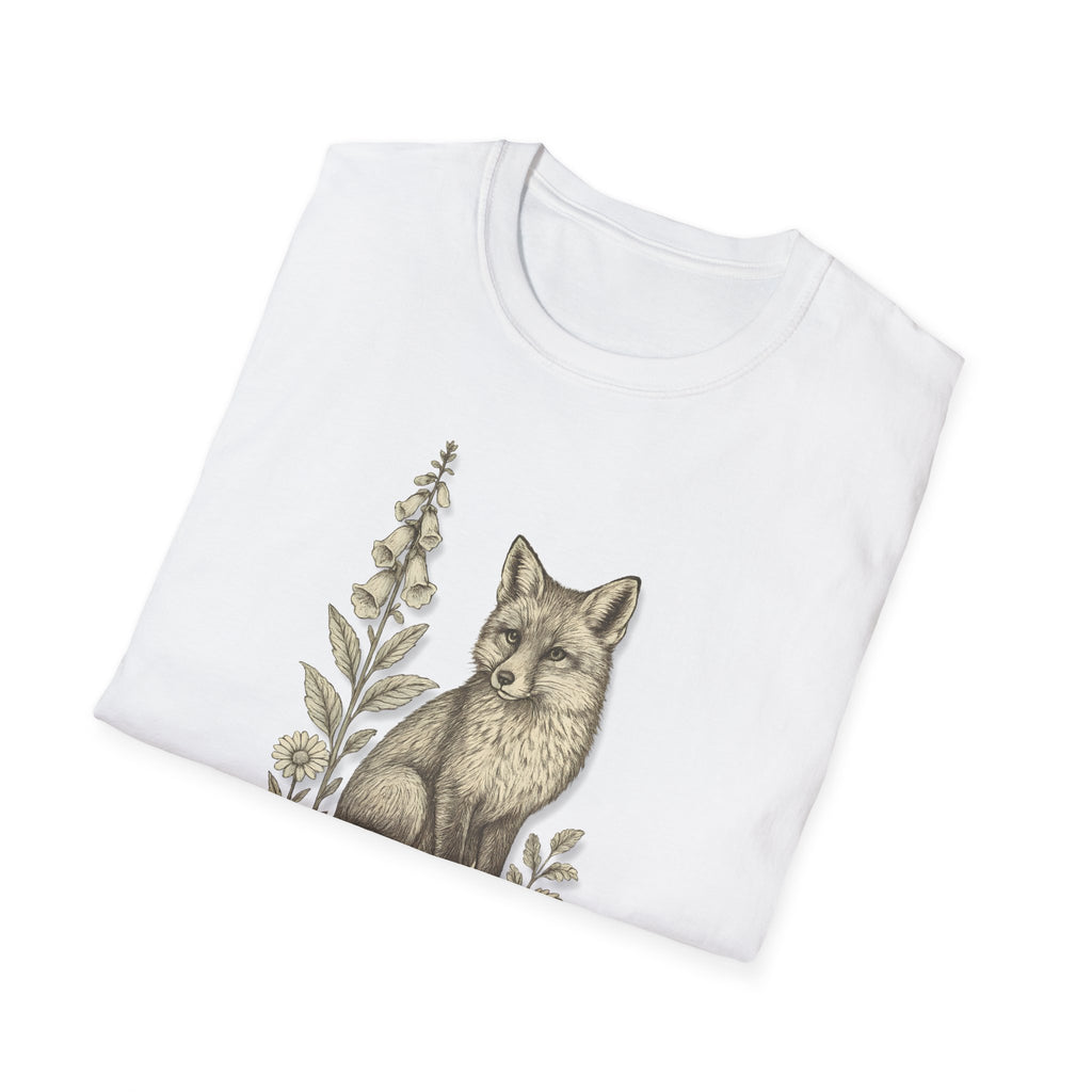 White t-shirt with a fox and floral design on a white background