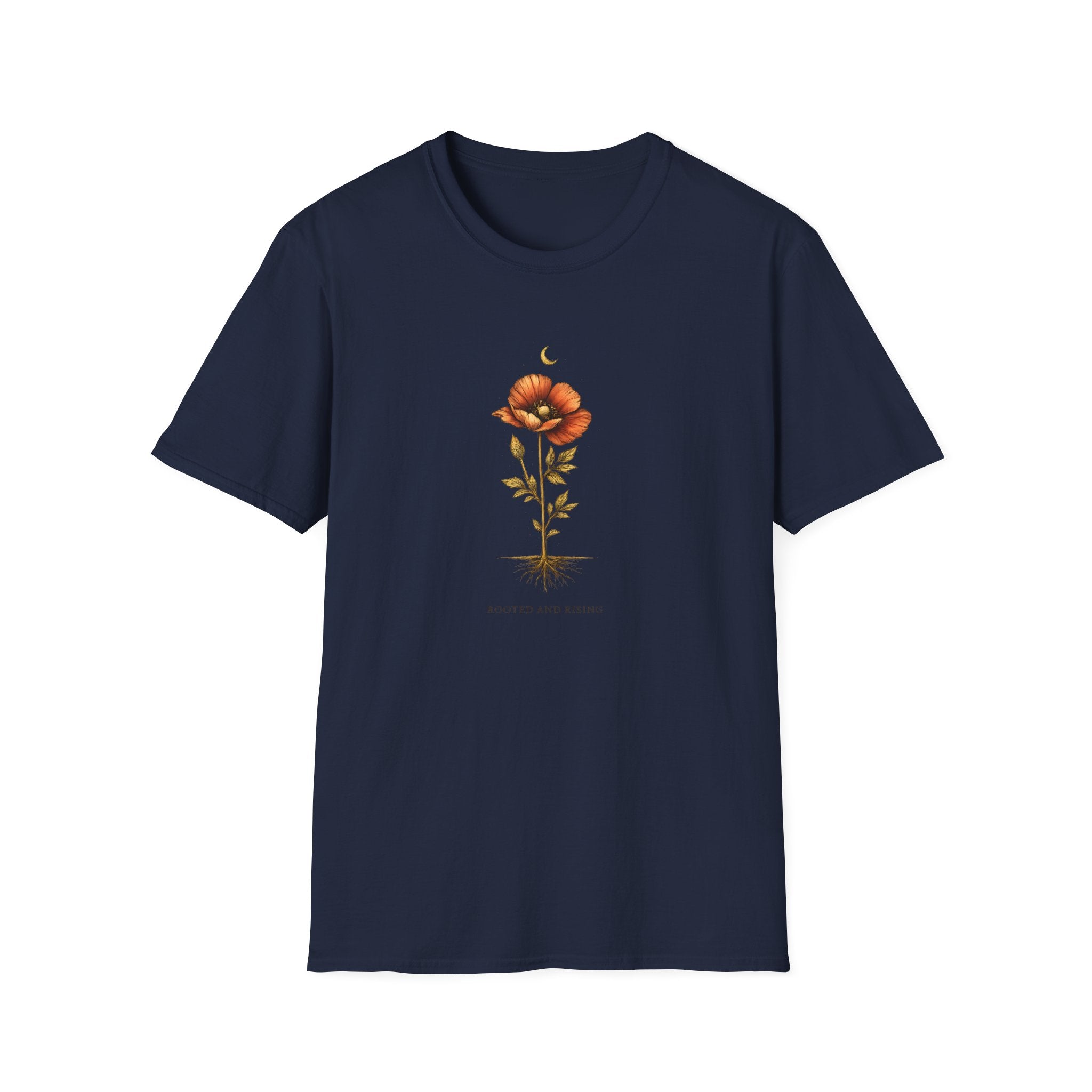 Navy blue t-shirt with a floral design printed on a white background