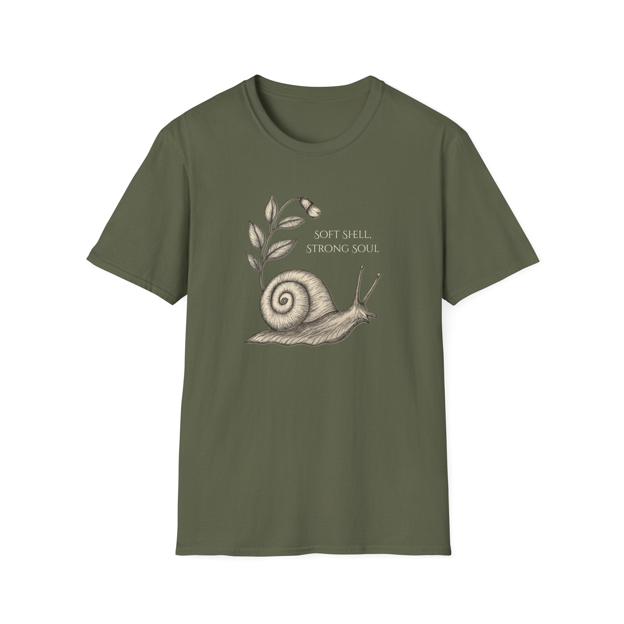 Green t-shirt with a snail design and text on a white background. "Soft Shell Strong Soul" Snail T-Shirt