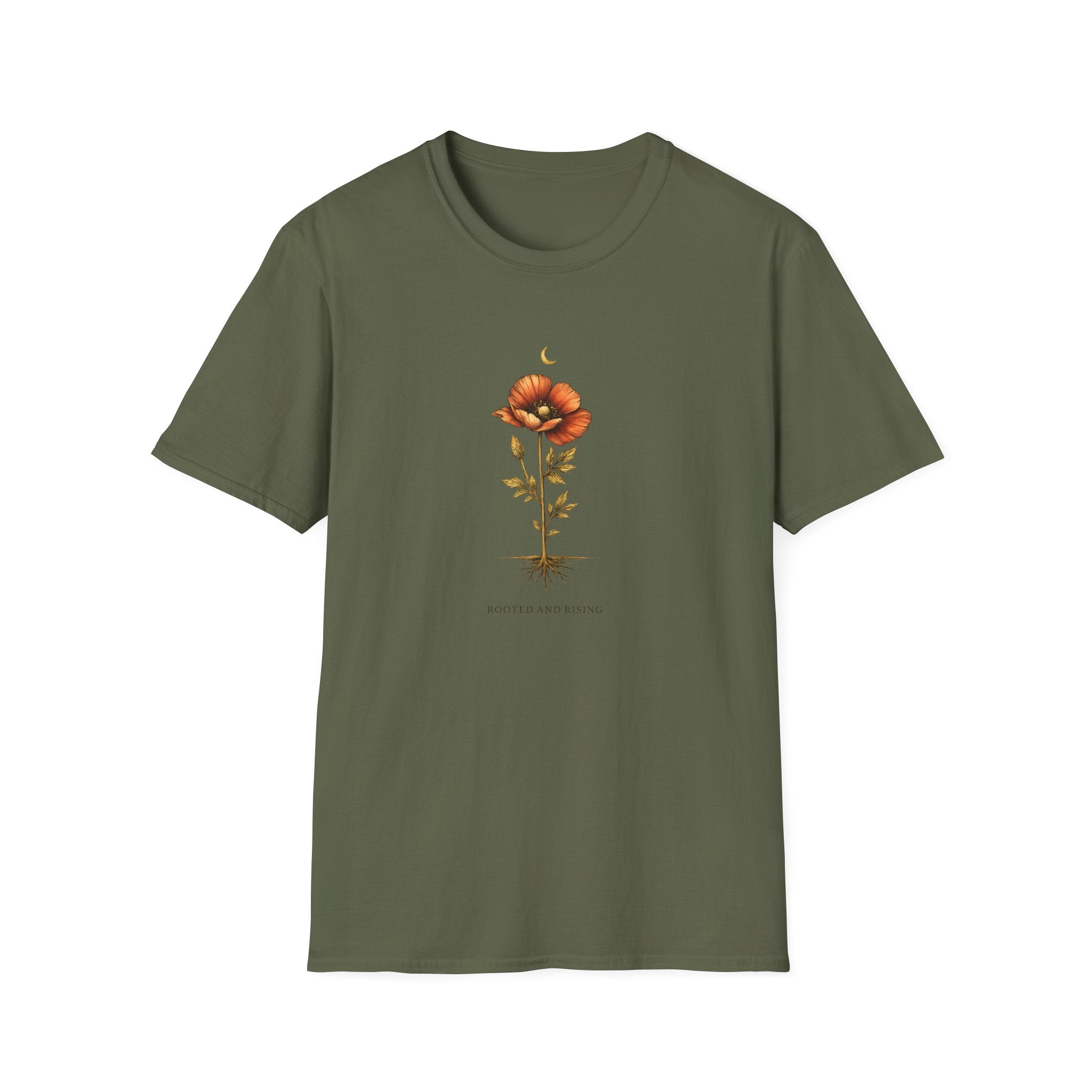 Green t-shirt with a floral design printed on a white background