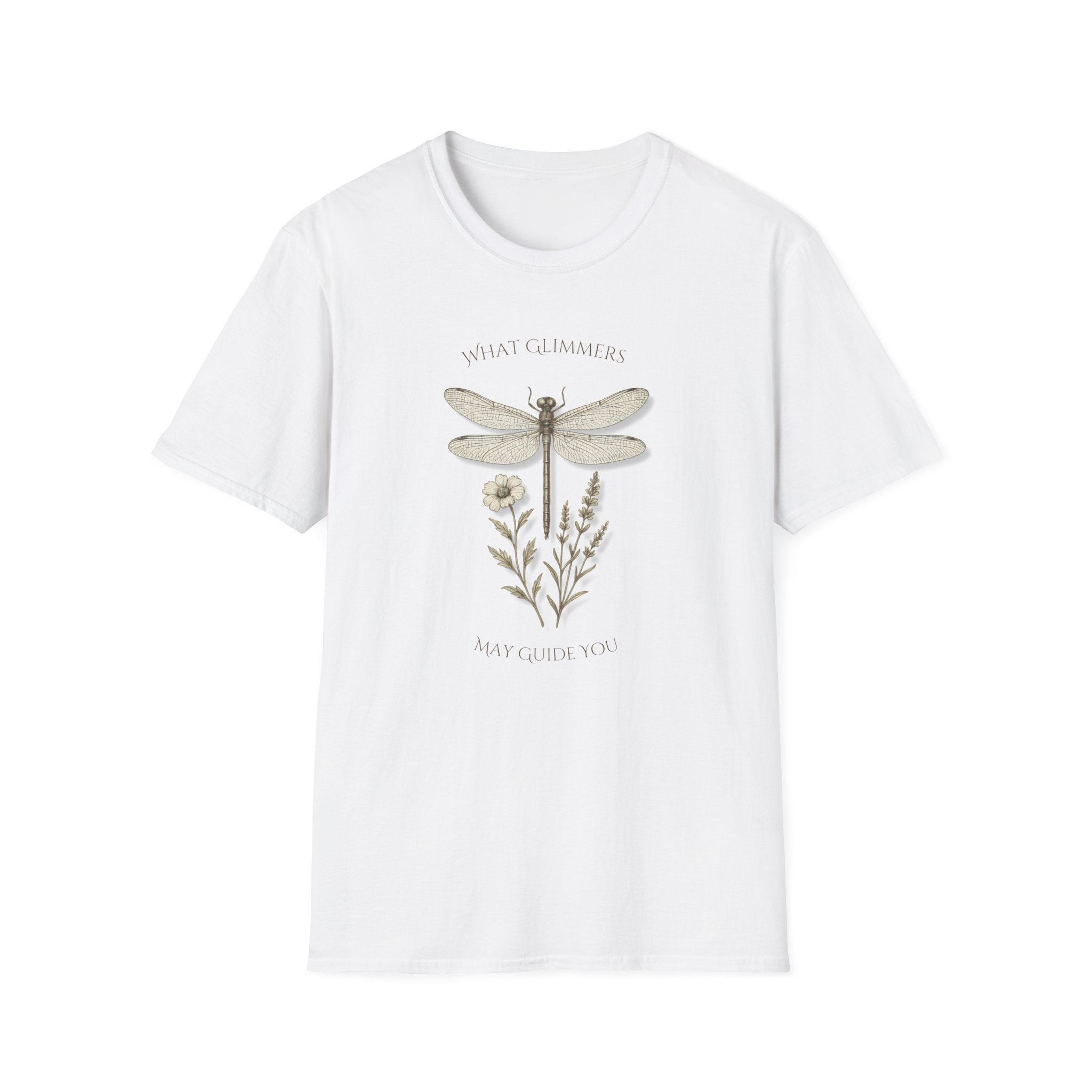 White t-shirt with dragonfly and floral design on a white background. "What Glimmers May Guide You" Dragonfly T-Shirt