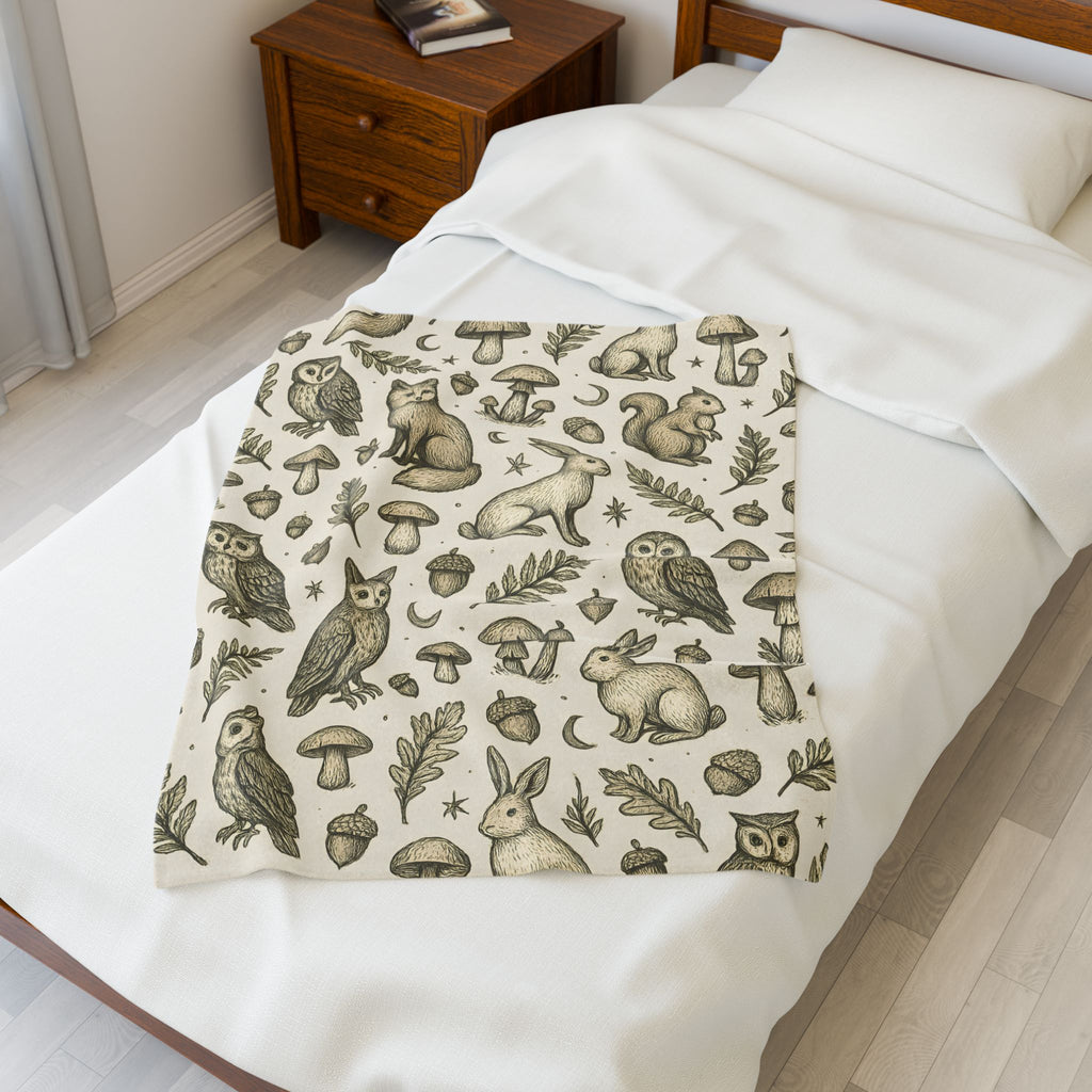 Blanket with nature-themed design on a bed in a bedroom setting