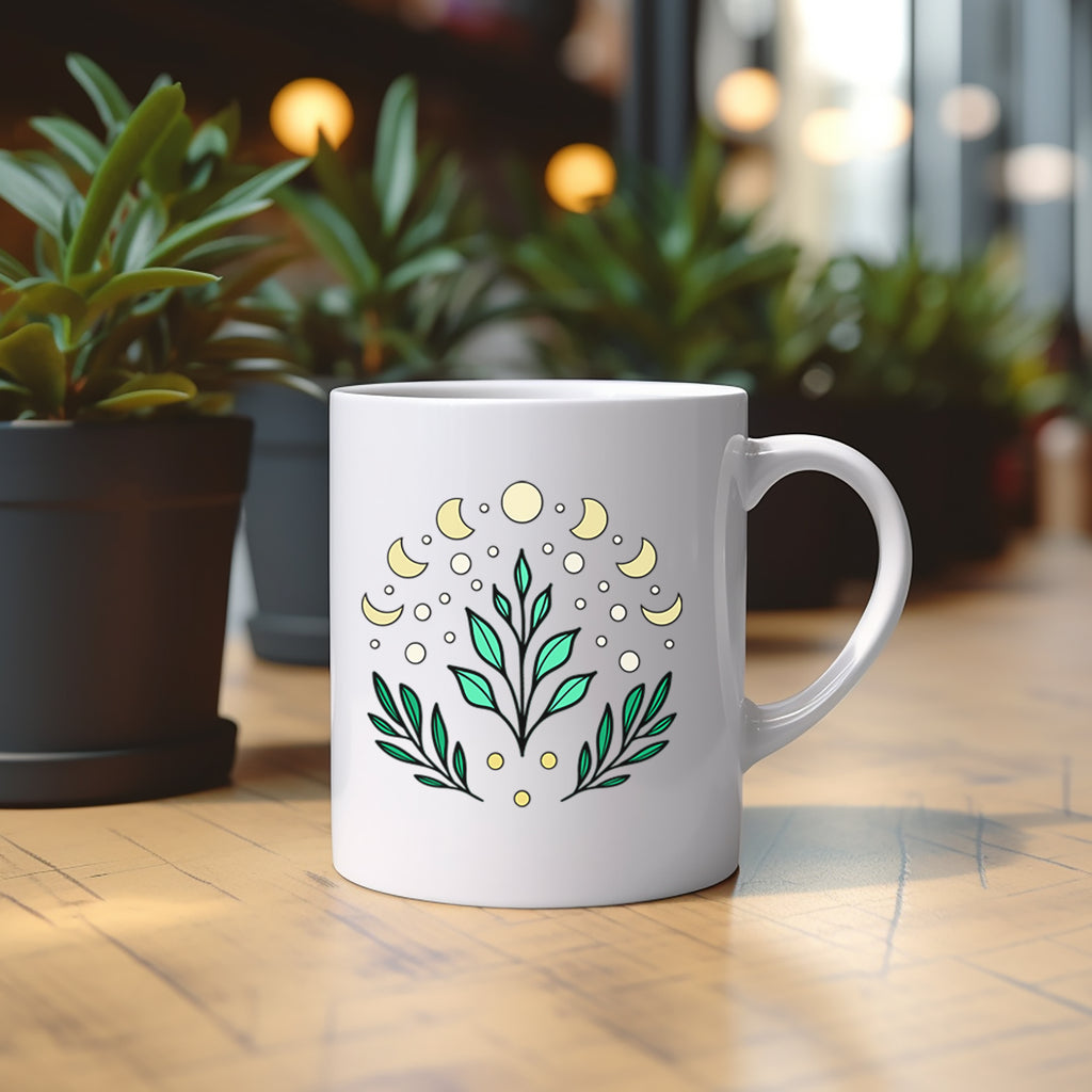White mug with decorative design on a wooden surface with plants in the background