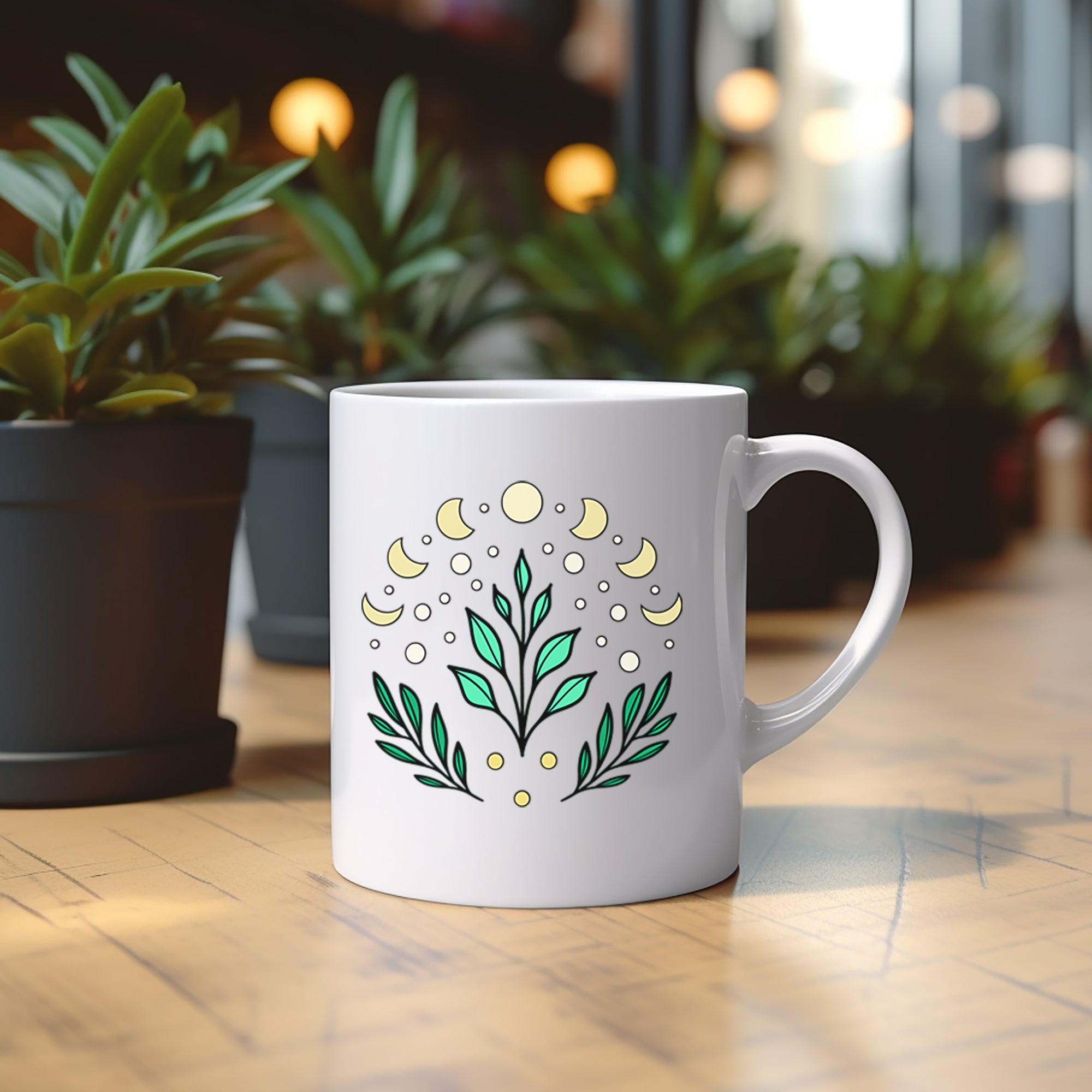 White mug with decorative design on a wooden surface with plants in the background