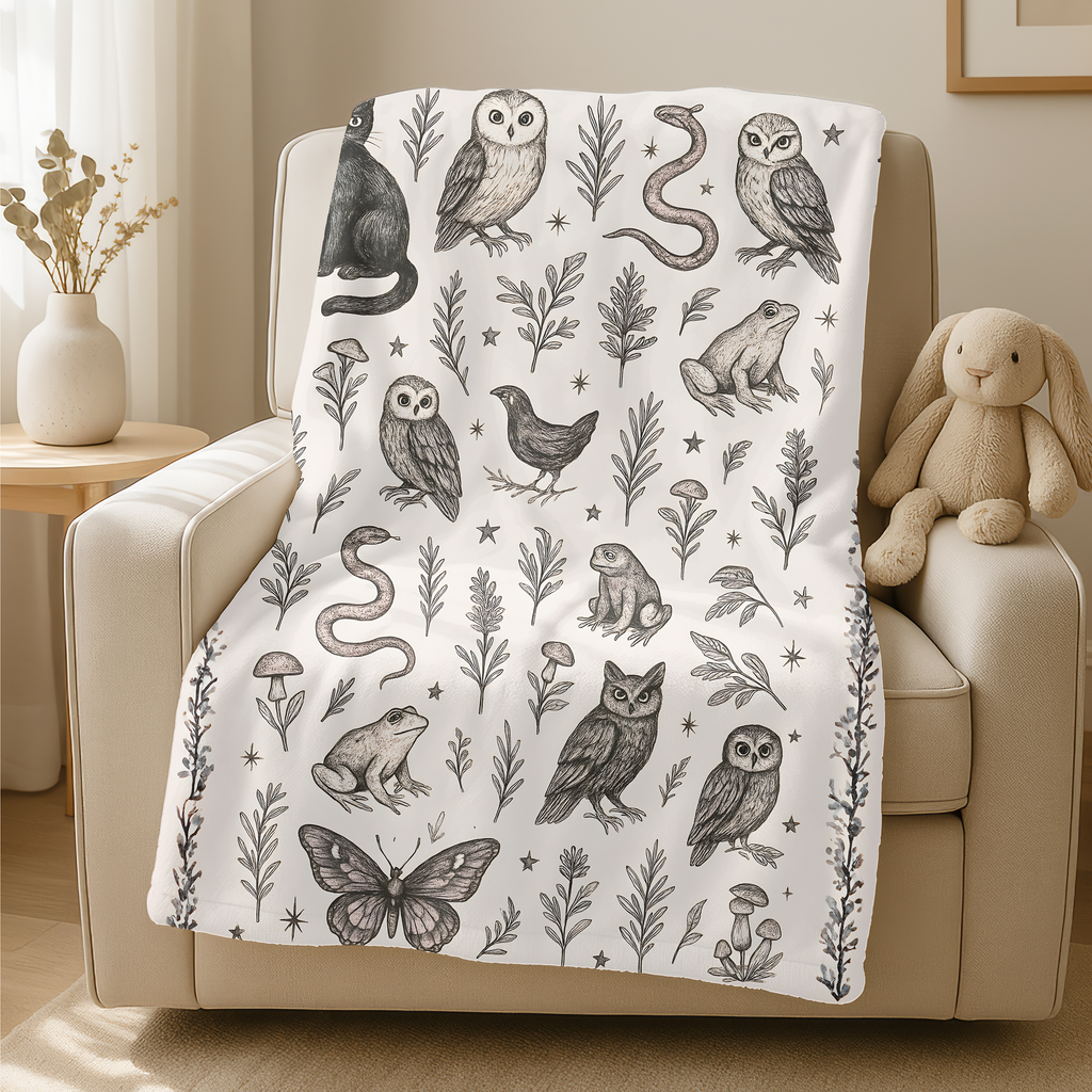 White blanket with black animal and nature patterns draped over a beige armchair.