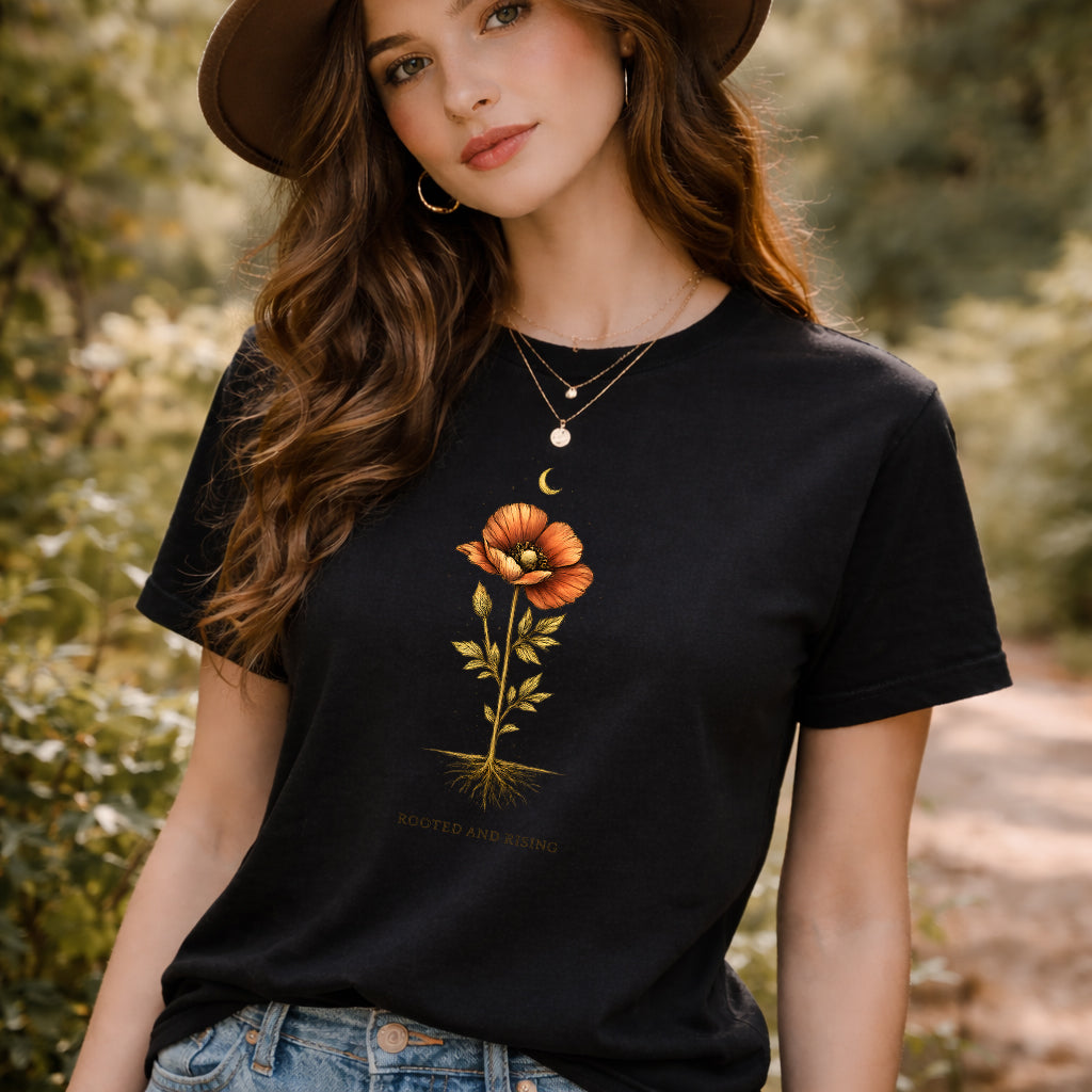 Woman wearing a black t-shirt with a floral design outdoors