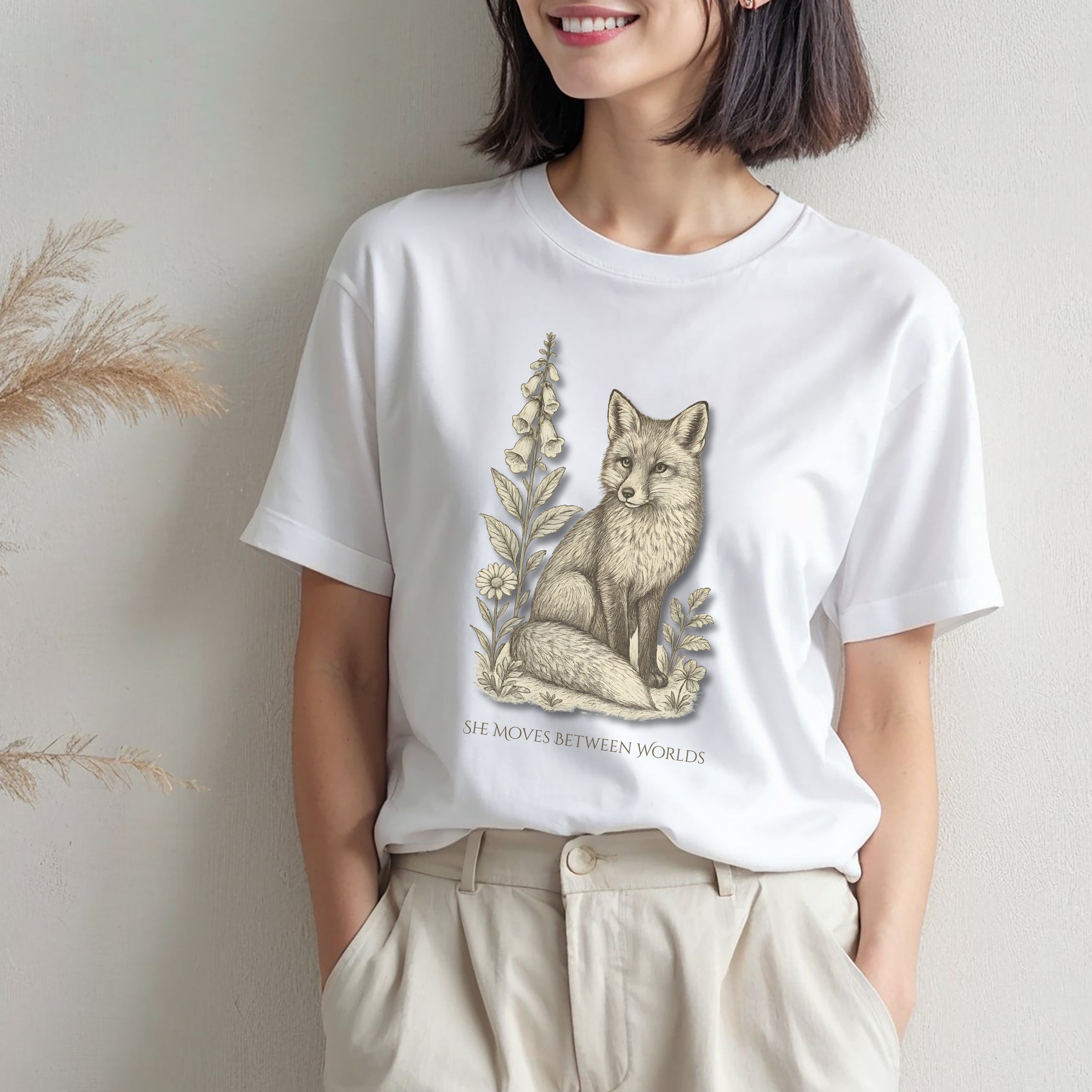 Person wearing a white t-shirt with a fox graphic and text against a plain background. "She Moves Between Worlds" Fox T-Shirt